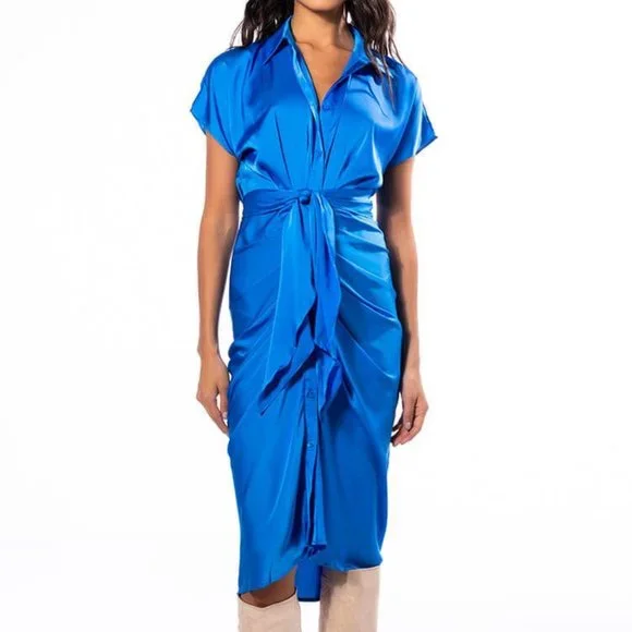 Elaine Out of the Blue: Satin Tie Front Dress Large - Picture 3 of 7